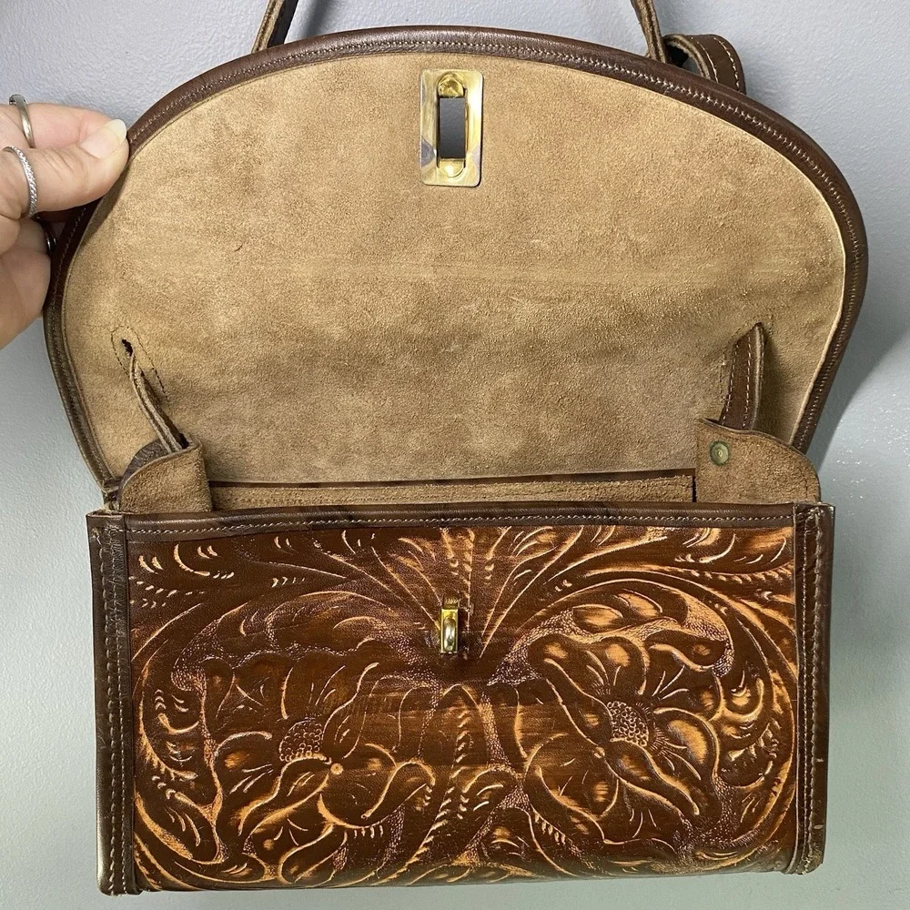 Vintage Real Leather Women's brown‎ Purse Boho Hand Tooled Shoulder bag 7x10x3